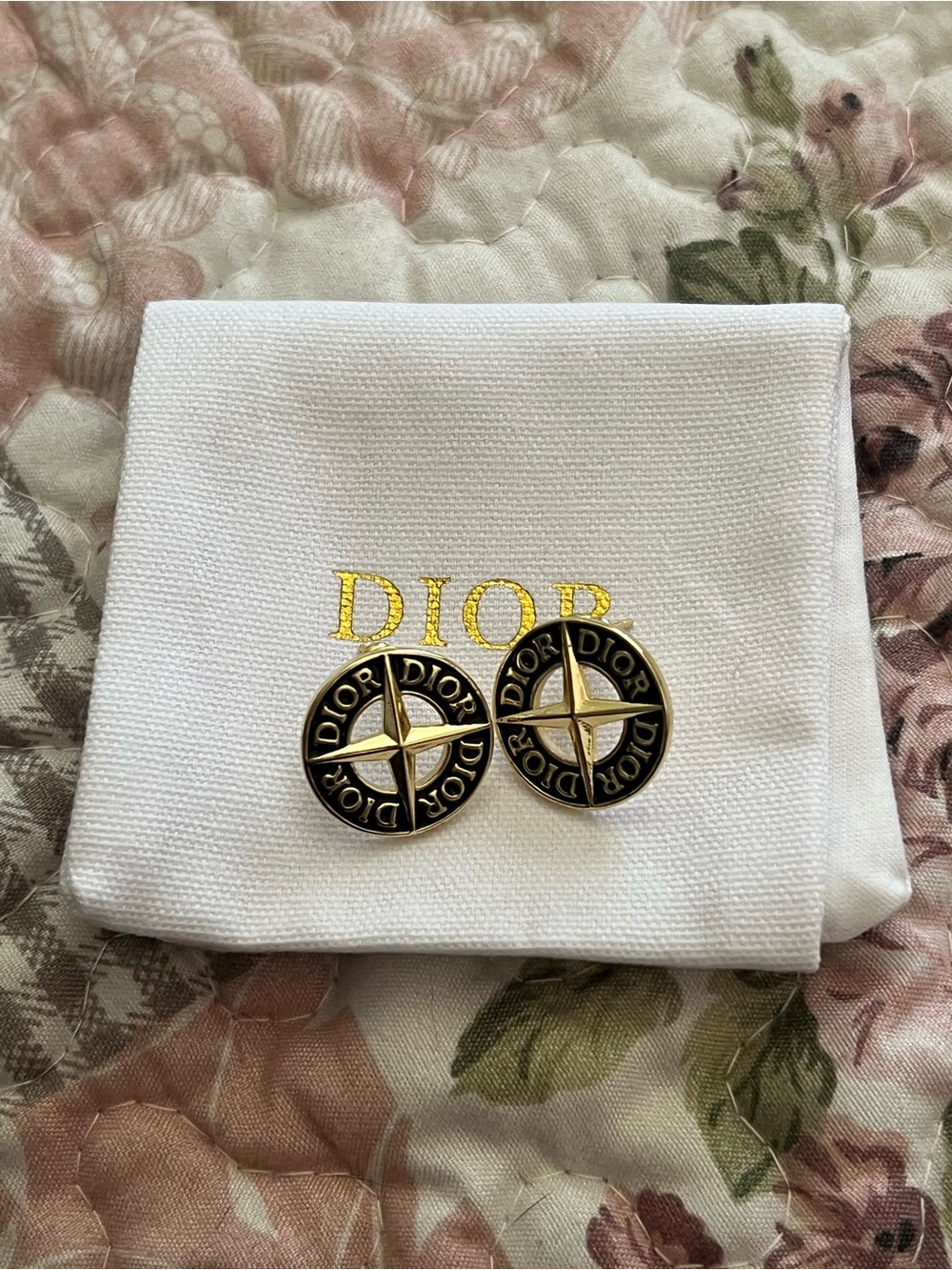 Dior Black and Gold Compass Motif Stud Earrings